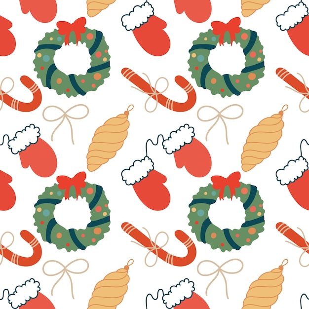 Candy canes with bow golden stars wreath holly and mittnes seamless pattern Vector for paper wa