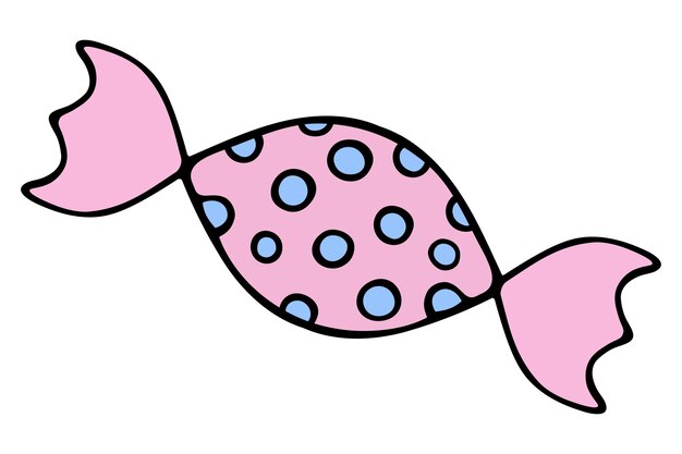 벡터 파란 반점 패턴의 분홍색 포장 에 사탕 카라멜 만화 스타일 맛있는 릴리팝.