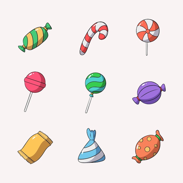 Candy Cartoon Icons Collection Handgetekende stijl met afzonderlijke illustraties