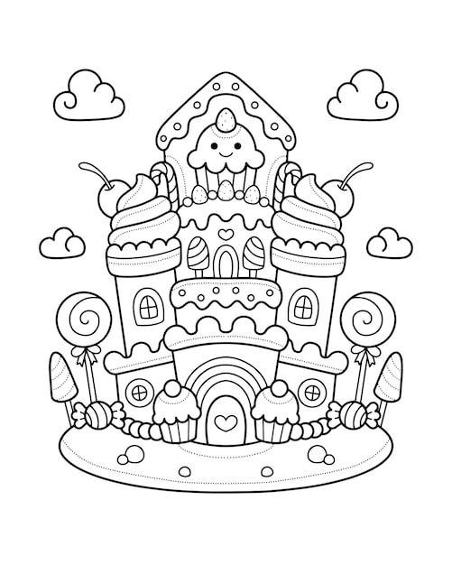 Candy castle house coloring page illustration