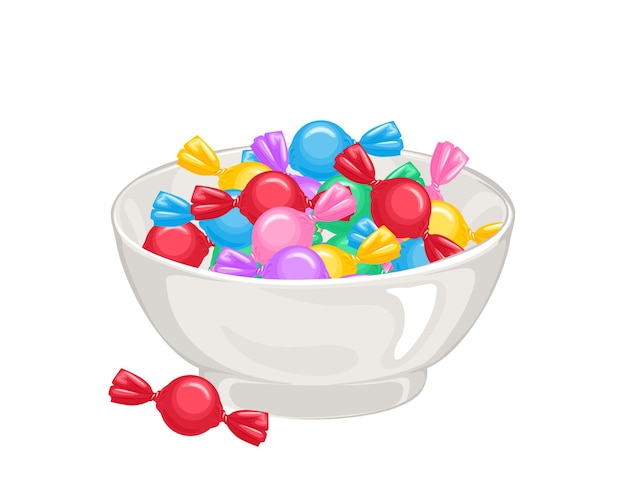 Vector candy in colorful wrappers in bowl