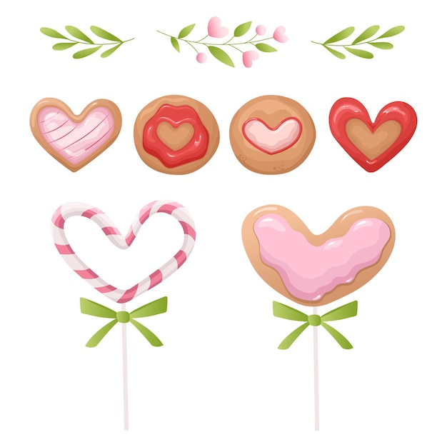 Vector candy and cookies in the shape of a heart. sweets for valentine's day.