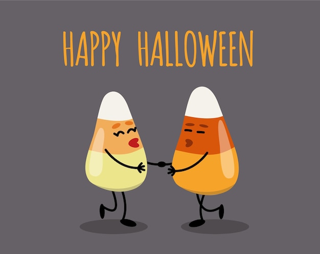 Candy corn card loving couple halloween candies sweets happy halloween flat cartoon vector