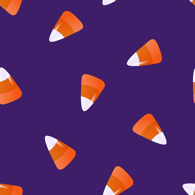 Candy corn halloween seamless pattern caramel sweet treats collection orange striped candies flat cartoon vector illustration isolated on violet background