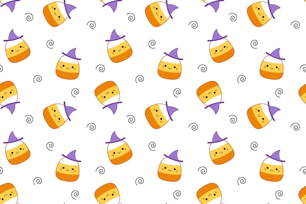 Candy corns witch on seamless pattern Squishmallow Cute candy corn Kawaii Vector Isolated vector illustration eps 10