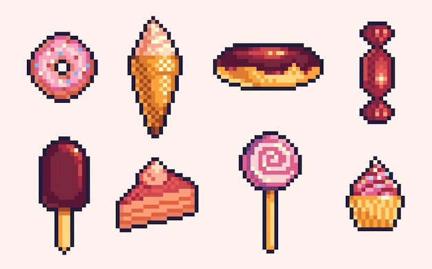 Vettore set di icone pixel art per caramelle e dessert collezione di logo per alimenti dolci