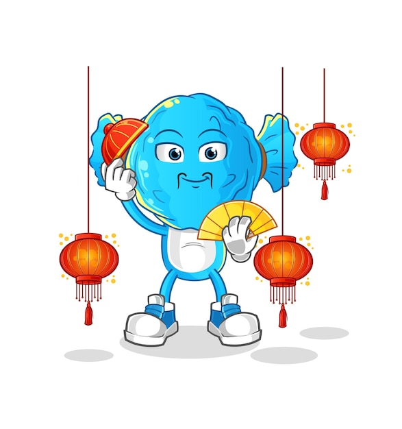 Cinese del fumetto della testa della caramella con il vettore del carattere dell'illustrazione delle lanterne