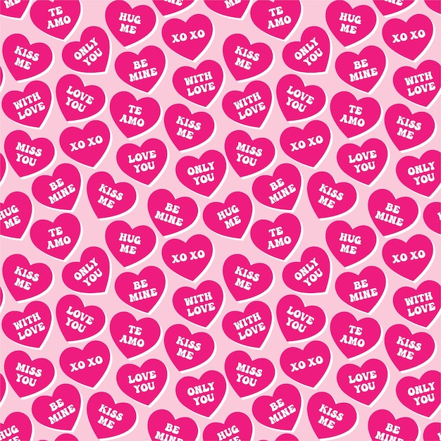 candy heart sayings pattern hot pink groovy romantic background for wrapping paper textile valentine gifts love letter envelope vector design