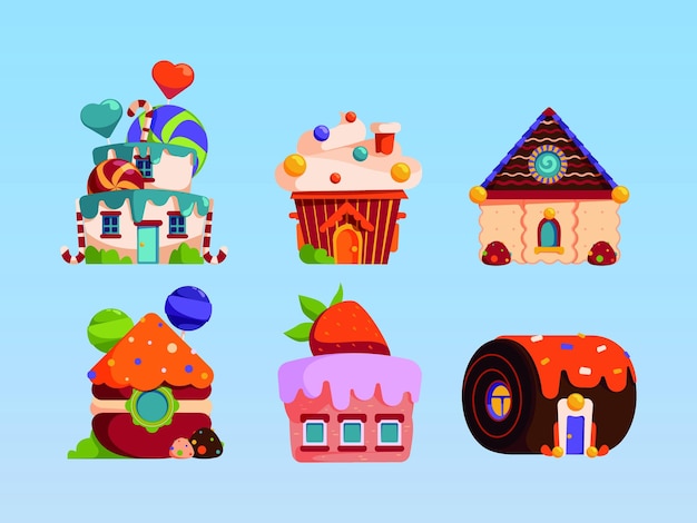 Candy houses sweets fantasy cakes with delicious liquid cream bakery products cookies from fairytale garish vector colored pictures in flat style