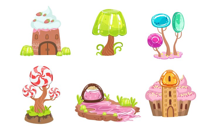Vector candy land set sweet fantasy landscape elements house trees plants computer or mobile game assets vector illustration