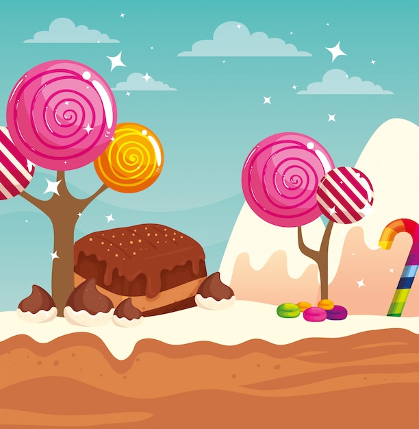 Candy land with brownie and caramels