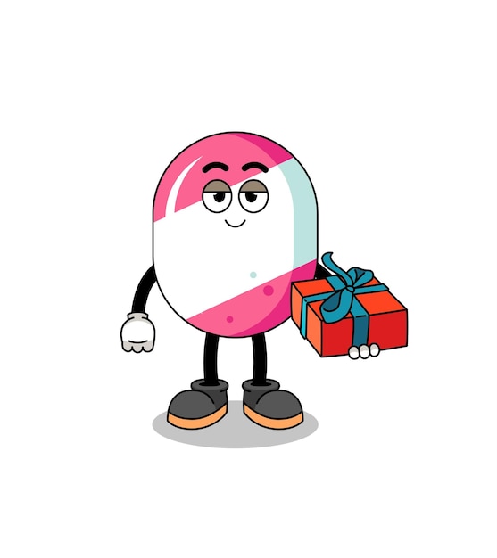 Vector candy mascot illustration giving a gift