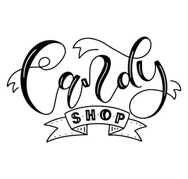 Candy shop black calligraphy with doodle ribbon isolated on white background