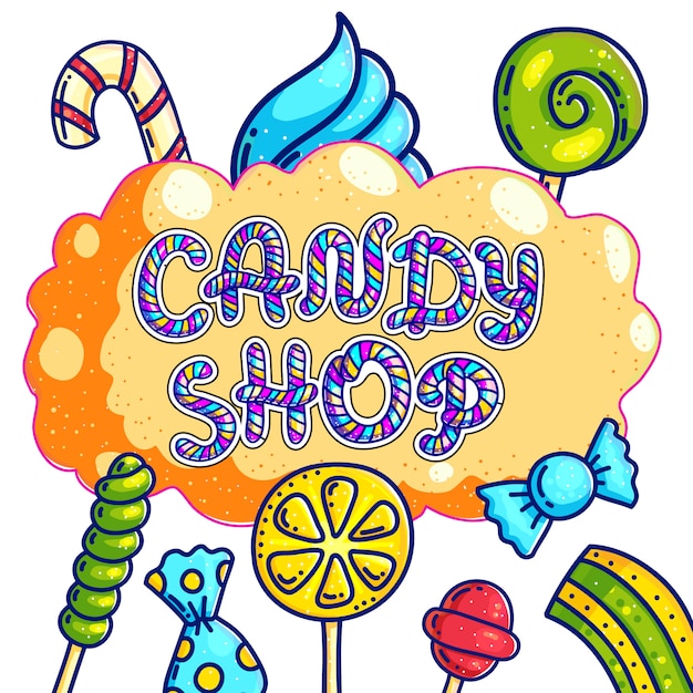 Vettore negozio di dolciumi disegnati a mano logo design