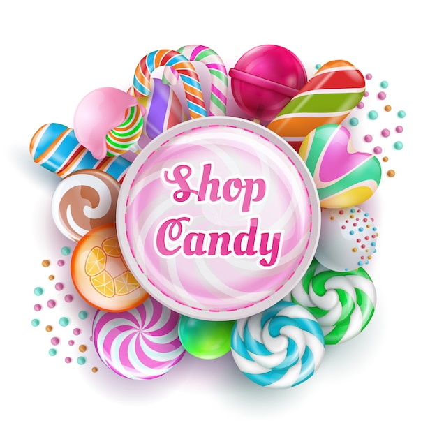 Candy shop with sweet realistic candies, sweets, caramel, rainbow lollipops and cotton candy. Vector illustration