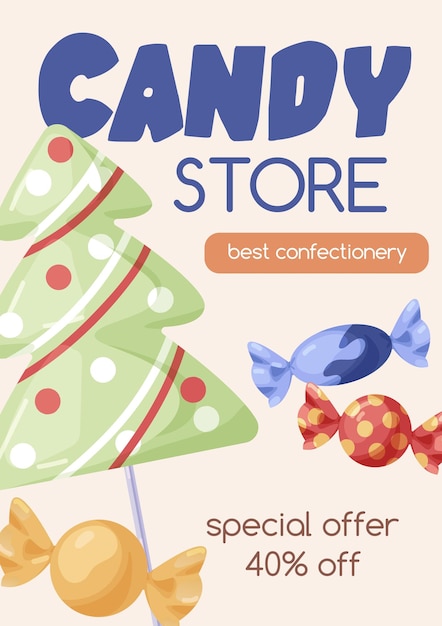 Candy store, ad poster template with Christmas bonbons, Xmas tree lollipop, sugar snacks. Sweet shop advertisement, vertical promo card design with background for text. Flat vector illustration