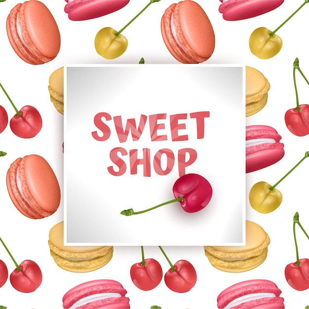 Candy sweet shop template, with macarons and red cherries.