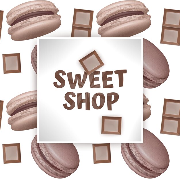 Vettore modello di negozio di dolciumi con macarons realistici e pezzi di cioccolato.