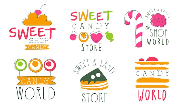 Candy world logo templates set sweet and tasty store bright badges disegnati a mano illustrazione vettoriale