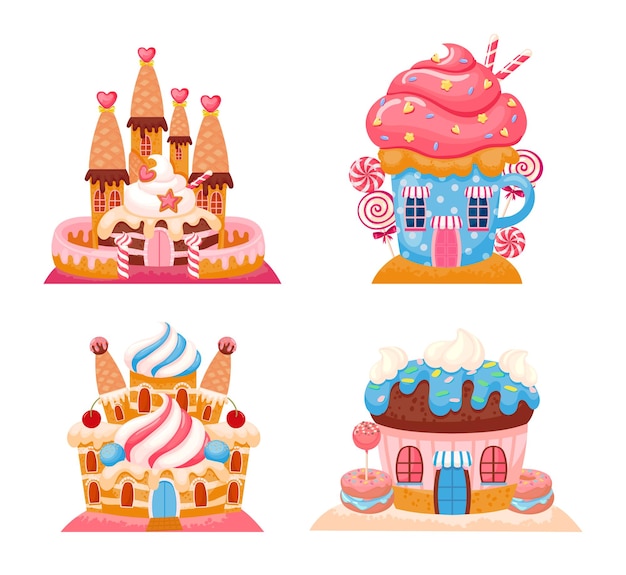 Candyland chocoladekoekje herbergt zoete kastelen set gemaakt van chocolade en dessert snoep en cake fantasie uit kindertijd illustratie