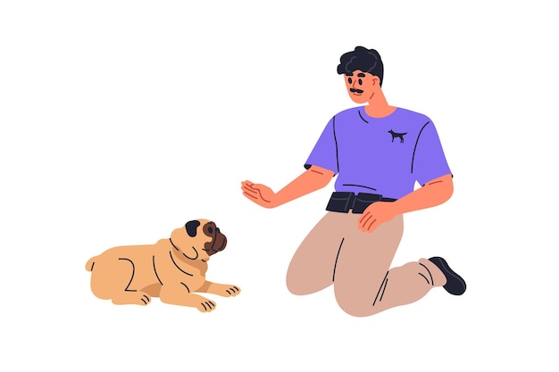 Specialista canino che dà un comando al cucciolo allenatore professionale di cani che gesticola con la palma della mano che insegna a addestrare il cane a sdraiarsi illustrazione vettoriale grafica piatta isolata su sfondo bianco