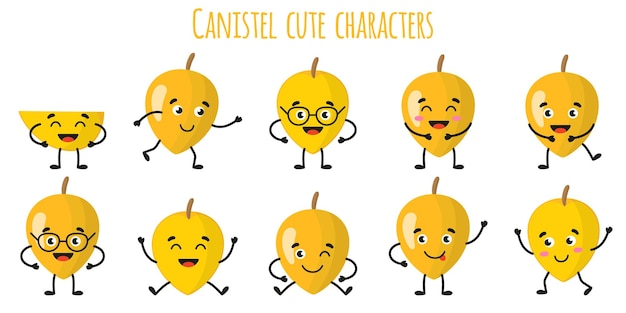 Canistel fruit cute funny cheerful characters with different poses and emotions. Natural vitamin antioxidant detox food collection.   cartoon isolated illustration.