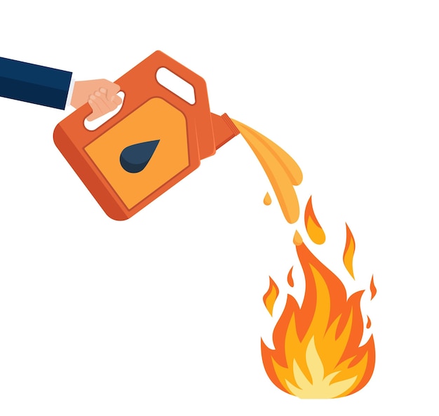 Canister with fuel Red gas tank Container with oil Flammable object Danger and fire Watering a Dangerous flame Flat cartoon icon illustration isolated on white background