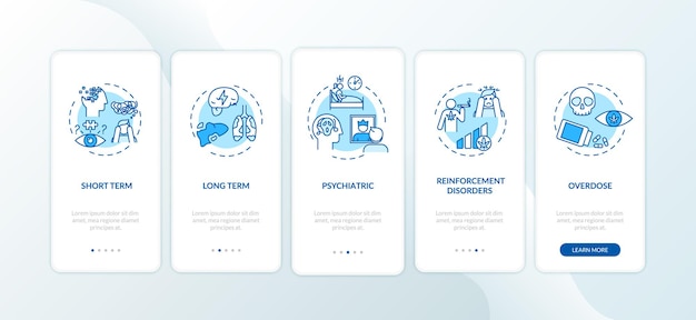 Cannabis adverse effect onboarding mobile app page screen with concepts. hemp using short term reaction walkthrough 5 steps graphic instructions. ui vector template with rgb color illustrations