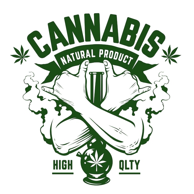 Emblema di cannabis. emblema monocromatico verde con mani incrociate, bong e fumo su bianco. simboli rastaman. arte vettoriale.