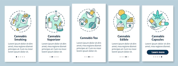 Cannabis forms onboarding mobile app page screen with concepts. weed smoking, marijuana pills walkthrough 5 steps graphic instructions. ui vector template with rgb color illustrations