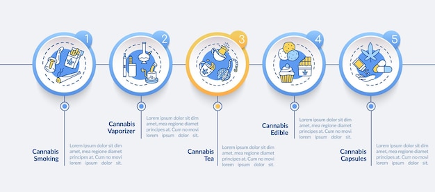 벡터 대마초는 벡터 infographic 템플릿을 형성합니다. 마리화나 기화기 및 캡슐 프레젠테이션 디자인 요소입니다. 5단계로 데이터 시각화. 프로세스 타임라인 차트. 선형 아이콘이 있는 워크플로 레이아웃