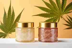 Vector cannabis hemp cream with marijuana leaf on soft pink background with copy space cannabis infused co