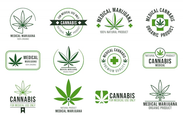 Vector cannabis label. medical marijuana therapy, legal hemp plant and drug plants. smoking weed badges isolated set