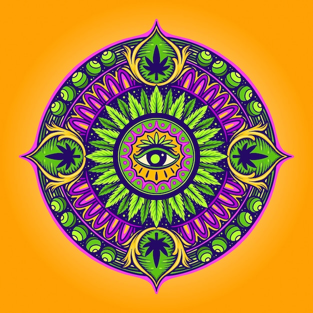 Cannabis Leaf Mandala Psychedelische Vectorillustraties voor uw werk Logo, mascotte merchandise t-shirt, stickers en labelontwerpen, poster, wenskaarten reclame bedrijf of merken.