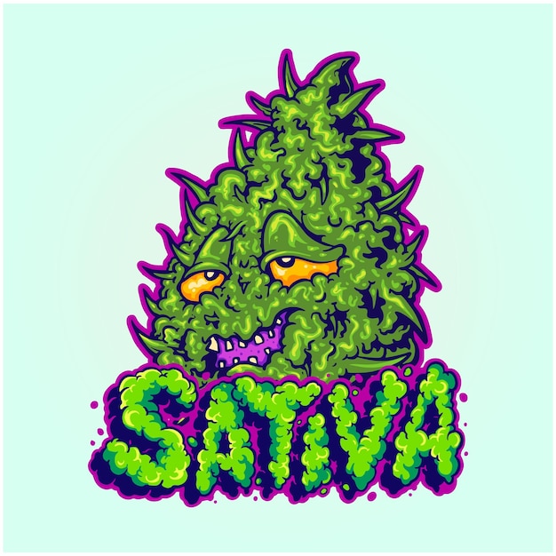 벡터 대마초 잎 sativa 핸드 레터링 단어 그림