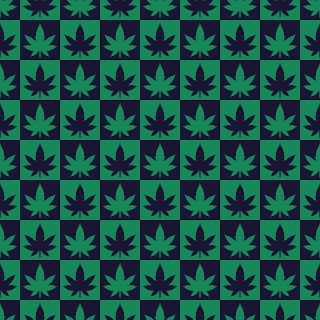Vector cannabis leaves checked seamless pattern vector illustration