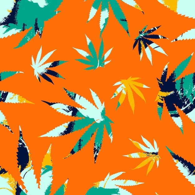 Cannabis leaves seamless pattern on orange background