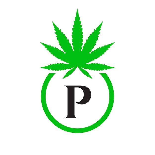 Cannabis logo sign concept p simbolo alfabetico per terapia, assistenza medica e sanitaria e logo marijuana