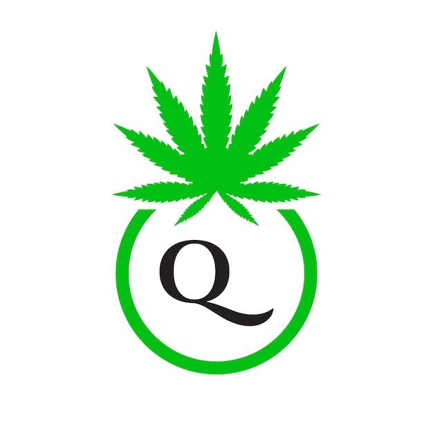 Cannabis Logo Sign Concept Q Alphabet Symbol for Therapy, Medical and Health Care and Marijuana Logo