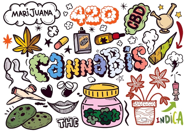 Cannabis Marihuana Traditionele Doodle Pictogrammen Schets Handgemaakt Ontwerp