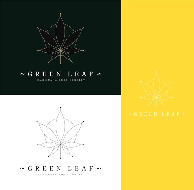 Cannabis-marihuanalogo, hennepbladsymbool of logo-ontwerp. Cannabis zwart en goud silhouet ecologie logo. Hennep embleem voor de logo-ontwerpverpakking van goederen, voedsel of gedrukte producten.