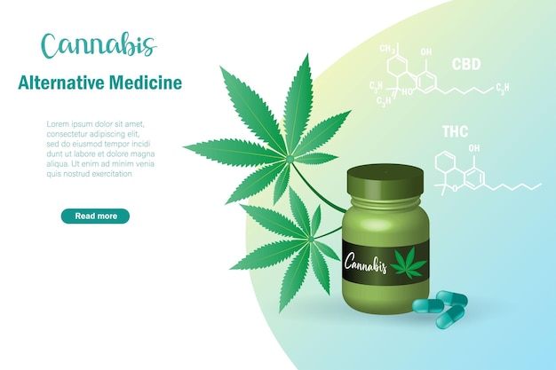 Дополнительные таблетки альтернативной медицины марихуаны каннабиса в бутылке и капсуле с листьями каннабиса