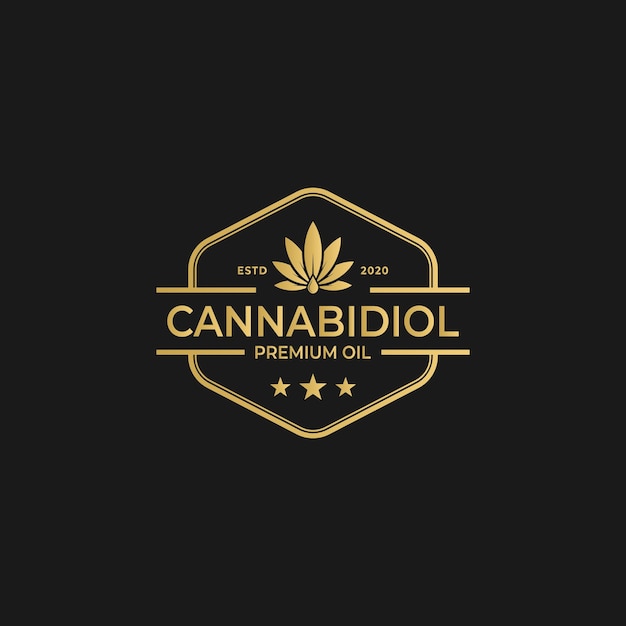 Cannabis marijuana canapa elegante badge vintage etichetta logo oro design ispirazione vettoriale