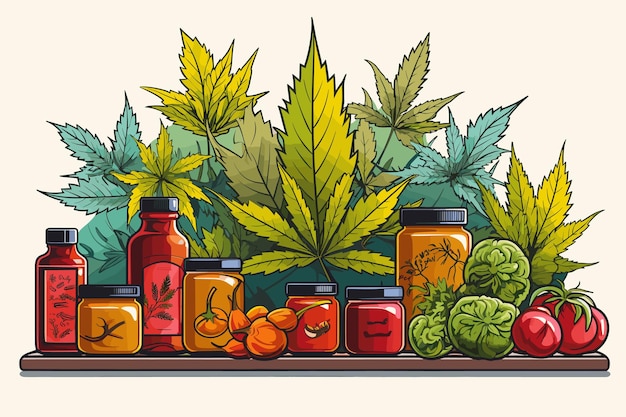 Cannabis natuurlijke geneeskunde leveringen cartoons vector illustratie grafisch ontwerp