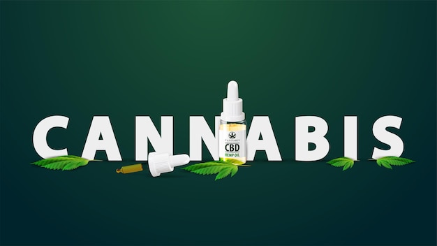 Logo di olio di cannabis, segno, simbolo. titolo decorato con una bottiglia di olio di cbd medico e foglie di canapa