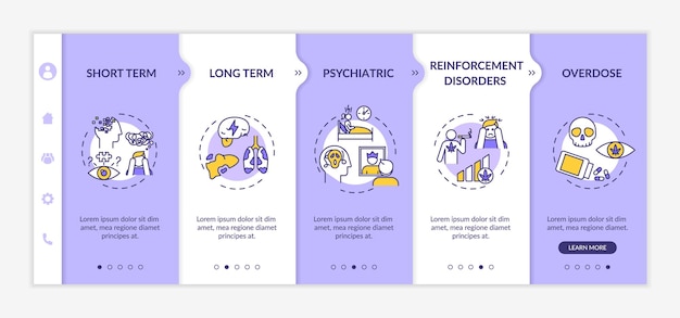 Cannabis side effects onboarding vector template. Weed smoking negative consequence. Drugs overdose. Responsive mobile website with icons. Webpage walkthrough step screens. RGB color concept