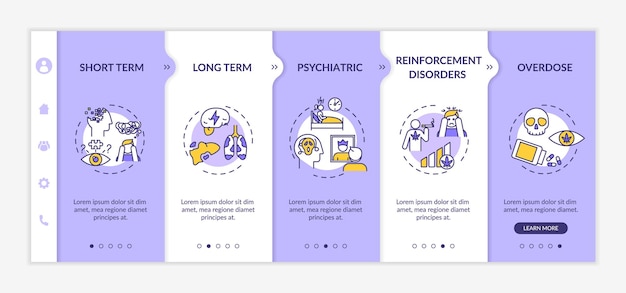 Modello vettoriale onboarding degli effetti collaterali della cannabis. conseguenza negativa del fumo di erba. overdose di farmaci. sito mobile reattivo con icone. schermate dei passaggi della procedura dettagliata della pagina web. concetto di colore rgb
