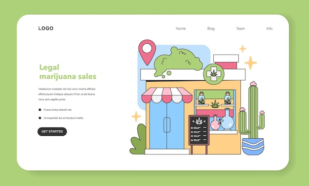 Scena di vetrina di cannabis esterno del negozio con scheda di menu di visualizzazione del prodotto e marijuana legale di cactus