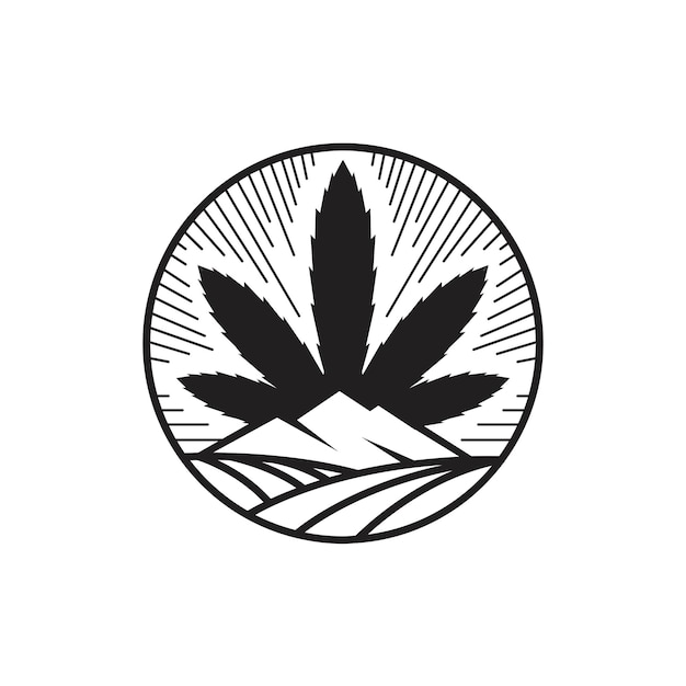 Cannabisblad met berg- en veldillustratie in cirkelvormig logo-ontwerp