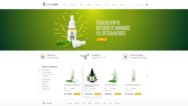 Cannabiswinkel witte en groene website ontwerpsjabloon en interface-elementen cannabiswinkel